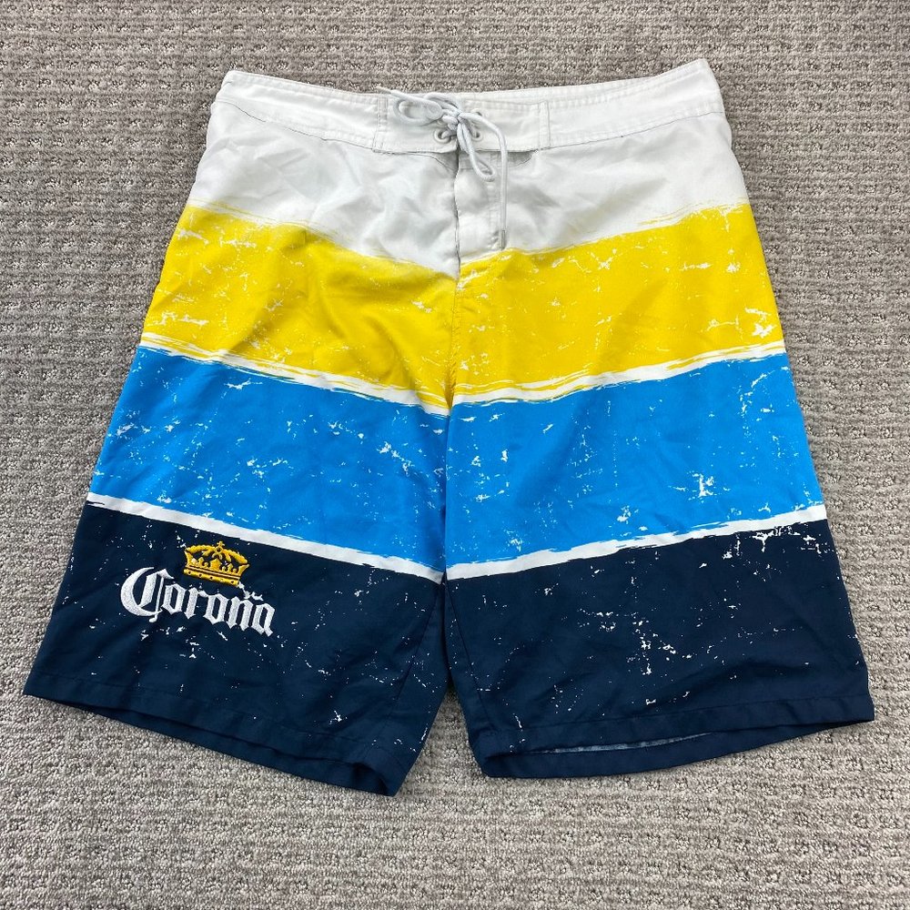 Vintage 90s Corona Extra Beer Swim Trunks Men Medium M White Yellow Blue Stripes